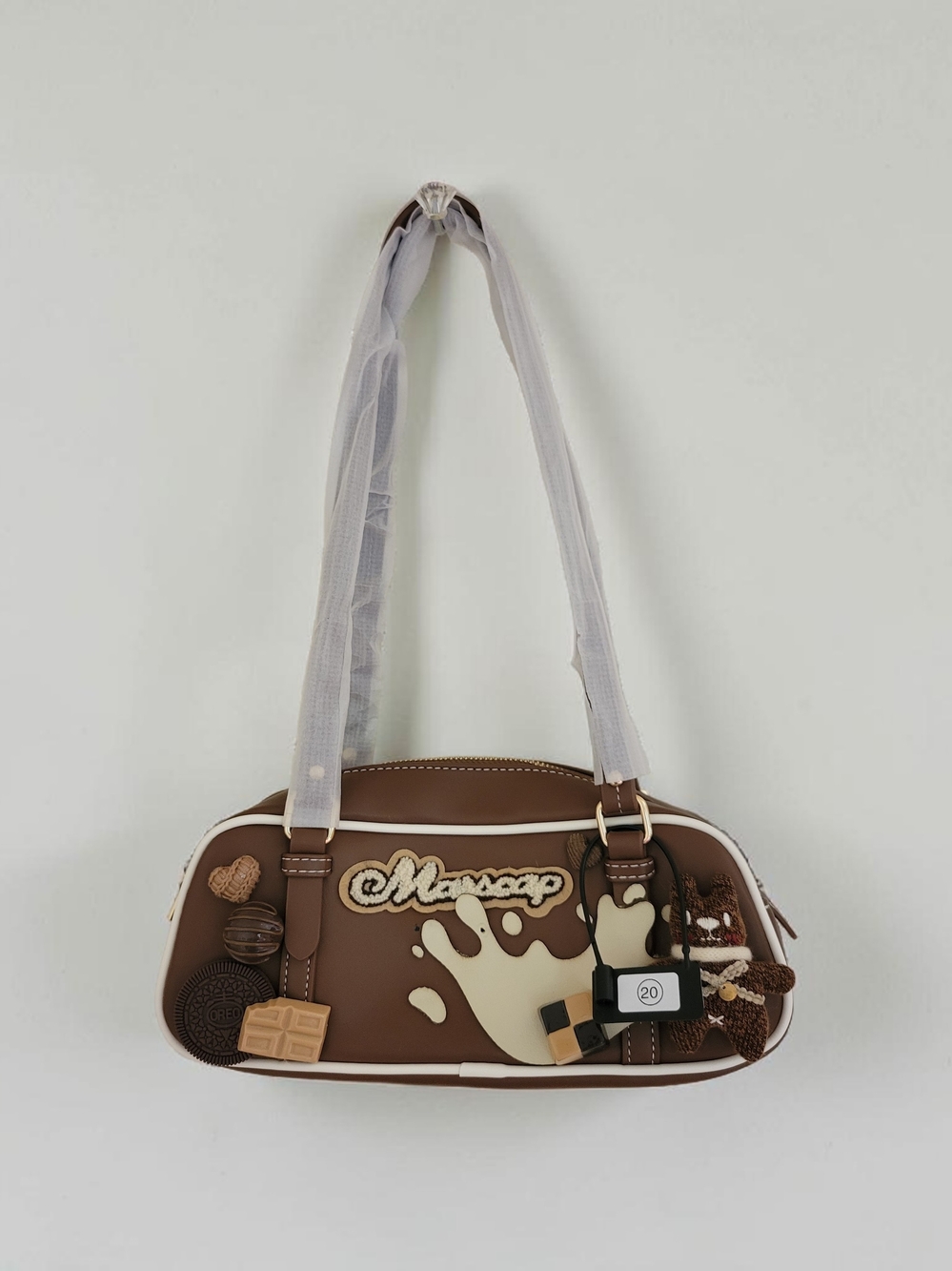 Handmade Chocolate Milk Shoulder Bag with Cookie & Bunny Charms